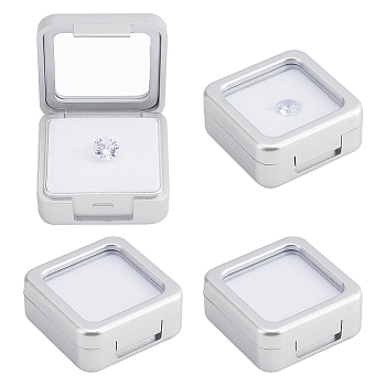 Plastic Loose Diamond Gemstone Display Boxes, Glass Top Jewelry Display Cases with Sponge Inside, Square, Silver, 4x4x1.7cm
