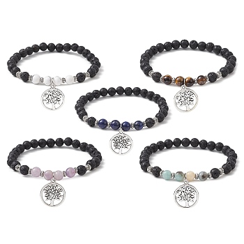 Natural Lava Rock & Mixed Gemstone Round Beaded Stretch Bracelet, with Alloy Tree of Life Charms, Inner Diameter: 2-1/2 inch(6.5cm)