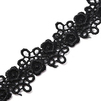 Polyester Lace Trim, Embroidery Ancient Hanfu Lace Ribbon, Flower, Black, 5/8 inch(16mm)