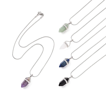 5Pcs 5 Style Natural Mixed Gemstone Bullet Pendant Necklaces Set with 304 Stainless Steel Snake Chains for Women, Stainless Steel Color, 17.80 inch(45.2cm), 1Pc/style