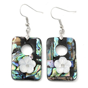 Natural Paua Shell & White Shell Flower Dangle Earrings, with Brass Earring Pins, Rectangle, 55.5x20.5mm