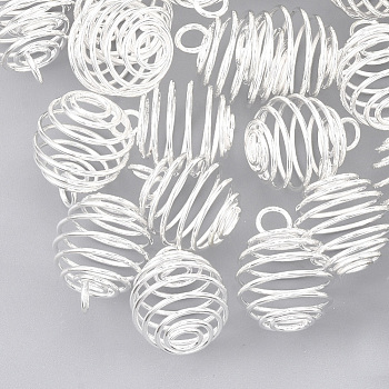 Iron Wire Pendants, Spiral Bead Cage Pendants, Round, Silver, 30x24mm, Hole: 7mm