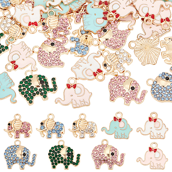 Elite 60Pcs 9 Style Alloy Enamel & Alloy Rhinestone Pendants, Elephant, Mixed Color, 14~17x15.5~18.5x2.5~3mm, Hole: 1.8~2mm