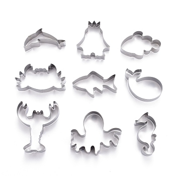 Stainless Steel Sea World Mixed Pattern Cookie Candy Food Cutters Molds, for DIY, Kitchen, Baking, Kids Birthday Party Supplies Favors, Stainless Steel Color, 75x39x20.5mm, 9pcs/Set