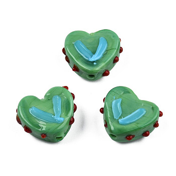 Opaque Handmade Bumpy Lampwork Beads Strands, Heart, Medium Sea Green, 14.5~15.5x17~18x6.5~7.5mm, Hole: 1.5mm, about 35pcs/strand, 19.49 inch(49.5cm)