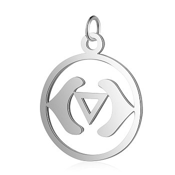 304 Stainless Steel Pendants, Chakra, Ajna, Flat Round, Stainless Steel Color, 22.5x19x1mm, Hole: 3mm