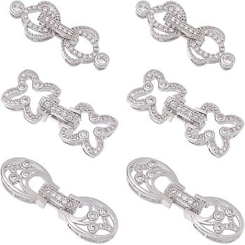 6Pcs 3 Styles Rack Plating Brass Micro Pave Clear Cubic Zirconia Fold Over Clasps, Cadmium Free & Lead Free, Long-Lasting Plated, Platinum, 27~33mm, Clasp: 18.5~21.5x10~11x4.5~5mm, 2pcs/style