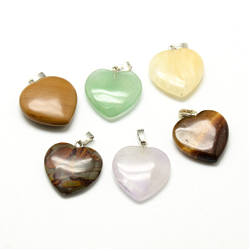 Natural & Synthetic Mixed Stone Pendants, with Brass Findings, Heart, 20~22x20~21x4~6mm, Hole: 5x3mm