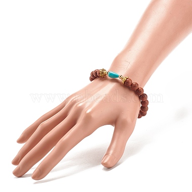 Natural Wood Round Beaded Stretch Bracelet with Synthetic Turquoise Teardrop(BJEW-JB07992)-3