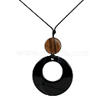 Resin Ring Pendant Long Necklaces with Wax Cord, Black, 28.35 inch(72cm), Pendant: 66x46mm(FS-WGD1F48-04)