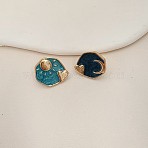 Flat Round with Moon & Star Pattern Alloy Enamel Stud Earrings, Left and Right, Golden, 15x17mm(FS-WGC3916-01)