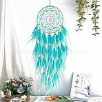 Woven Web/Net with Feather Hanging Ornaments, Iron Ring and Glass Beads for Home Living Room Bedroom Wall Decorations, Turquoise, 720x160mm(PW-WG9FB90-01)