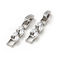 Rack Plating Brass Clear Cubic Zirconia Watch Band Clasps, Cadmium Free & Lead Free, Long-Lasting Plated, Leaf, Platinum, 32x6x4mm, Hole: 3x3.7mm(KK-E034-22P)