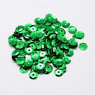 Plastic Paillette Beads, Semi-cupped Sequins Beads, Center Hole, Green, 12x0.5mm, Hole: 1mm(PVC-A001-12mm-04)