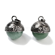 Natural Green Aventurine Sphere Pendants, Rack Plating Antique Silver Plated Brass Round Charms, Cadmium Free & Lead Free, 24~27x19.5x20mm, Hole: 6x4mm(G-Q163-07AS-03)