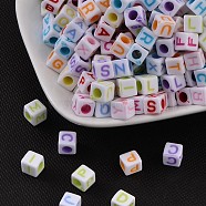 Acrylic Horizontal Hole Letter Beads, Craft Style, Cube, Mixed Color, about 6mm long, 6mm wide, 6mm thick, hole: 3mm, 2800pcs/500g(MACR-R479-M)