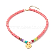 Handmada Polymer Clay & Synthetic Hematite Necklaces, 304 Stainless Steel Smiling Face Pendant Necklaces, with Lobster Claw Clasps, Light Coral, 18.11 inch(46cm)(NJEW-JN03788-02)
