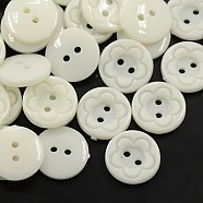 Acrylic Sewing Buttons for Clothes Design, Plastic Buttons, 2-Hole, Dyed, Flat Round with Flower Pattern, White, 15x3mm, Hole: 1mm(BUTT-E083-E-01)