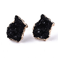 Druzy Resin Stud Earrings, with Steel Pins and Edge Light Gold Plated, Nuggets, Black, 19.5x16.5mm, Pin: 0.7mm(RESI-S383-080C)