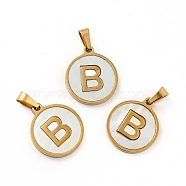 Vacuum Plating 304 Stainless Steel with White Shell Pendants, Golden, Flat Round with Letter Charm, Letter.B, 18x16x1.5mm, Hole: 3x6mm(STAS-G268-01B-G)