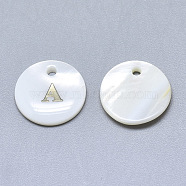 Natural White Shell Mother of Pearl Shell Charms, with Iron Sticker, Flat Round with Letter, Letter.A, 13x2mm, Hole: 1.5mm(X-SSHEL-N036-053A)