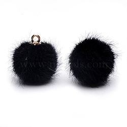 Handmade Faux Mink Fur Covered Pendants, with Alloy Findings, Round, Golden, Black, 16~17x13.5~14mm, Hole: 1.5mm(X-WOVE-S108-03G)