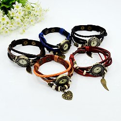 Leather Alloy Watch Bracelets, Waxed Cotton Cord with Alloy Findings and Wooden Beads, Antique Bronze, Mixed Color, 210x27~29x2~8mm(WACH-J002-M)