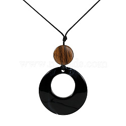 Resin Ring Pendant Long Necklaces with Wax Cord, Black, 28.35 inch(72cm), Pendant: 66x46mm(FS-WGD1F48-04)