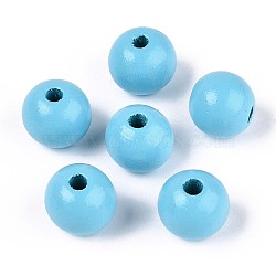 Spray Painted Round Natural Schima Wood Beads, Sky Blue, 13~14x12.9mm, Hole: 2.8~3.5mm(WOOD-A018-14mm-09)