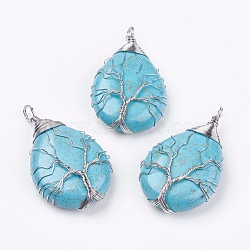 Synthetic Turquoise Big Pendants, teardrop, Brass Wire Wrapped Pendants, Platinum, 50~55x31x11mm, Hole: 5mm(G-G956-A09-FF)
