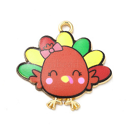 Cute Printed Alloy Pendants, Light Gold, Cadmium Free & Nickel Free & Lead Free, Turkey Charm, FireBrick, 26x26x2mm, Hole: 2mm(ENAM-L040-002B-03)