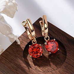 Brass Micro Pave Cubic Zirconia Leverback Earrings, Rack Plating, Long-Lasting Plated, Lead Free & Cadmium Free, Flat Round, Golden, Red, 31x10mm(EJEW-K300-21G-01)