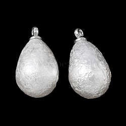 ABS Plastic Pearl Pendants, Teardrop, with Platinum Alloy Loop, Texture, White, 18x10mm, Hole: 1.6mm(FIND-Z105-01P)