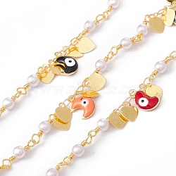 Handmade Eco-friendly Brass Enamel Moon with Evil Eye & Heart Charms Chain, with Glass Pearl Beaded, Real 18K Gold Plated, Lead Free & Cadmium Free, Soldered, with Spool, Real 18K Gold Plated, 4x2.5x0.5mm, 12x4mm(CHC-E025-25G)