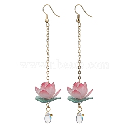 3D Lotus Plastic Dangle Earrings, Real 18K Gold Plated Brass Tassel Earrings with Glass Beaded, Pale Violet Red, 93x22mm(EJEW-JE05525-02)