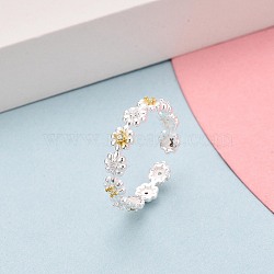 925 Sterling Silver Micro Pave Clear Cubic Zirconia Open Cuff Rings for Women, Flower, with S925 Stamp, Golden & Silver, 4.5mm, Inner Diameter: 17mm(STER-N016-137SG)