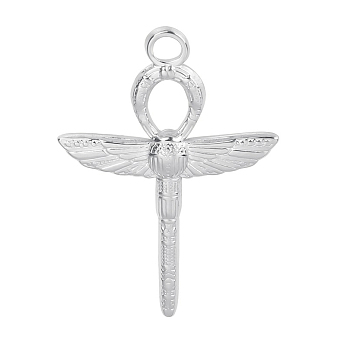 201 Stainless Steel Pendants, Ankh Cross with Dragonfly Charm, Stainless Steel Color, 30x22x2.5mm, Hole: 2.5mm