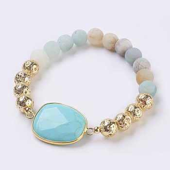 Electroplated Natural Lava Rock and Natural Frosted Amazonite Stretch Bracelets, Round & Trapezoid, Golden, 2.08 inch(5.3cm)