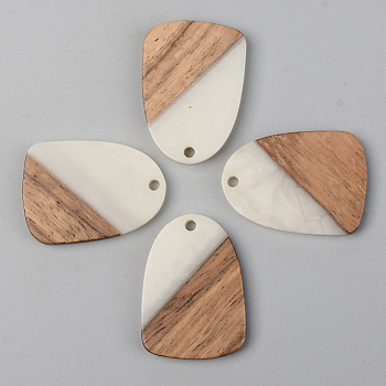 Opaque Resin & Walnut Wood Pendants, Teardrop, Floral White, 28x20x3mm, Hole: 2mm