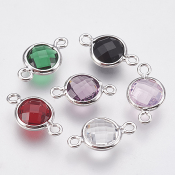 Glass Links connectors, with Brass Findings, Faceted Flat Round, Nickel Free, Real Platinum Plated, Mixed Color, 12x7x3mm, Hole: 1.2mm