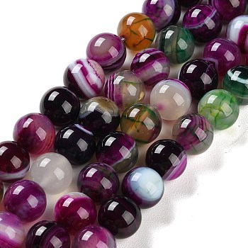 Natural Striped Agate/Banded Agate Beads Strands, Dyed, Round, Purple, 10mm, Hole: 1.2mm, about 19pcs/strand, 7.60''(19.3cm)