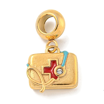 Ion Plating(IP)  304 Stainless Steel European Dangle Charms, with Rhinestone and Enamel, Rectangle, Golden, 23mm, Hole: 4.5mm, Rectangle: 13x13x4.5mm
