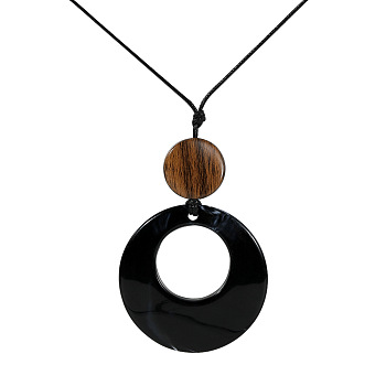 Resin Ring Pendant Long Necklaces with Wax Cord, Black, 28.35 inch(72cm), Pendant: 66x46mm