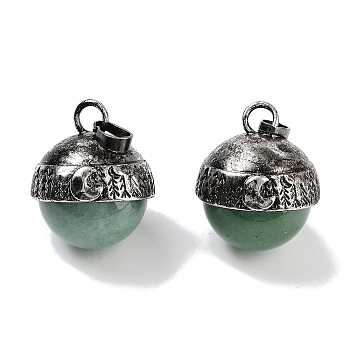 Natural Green Aventurine Sphere Pendants, Rack Plating Antique Silver Plated Brass Round Charms, Cadmium Free & Lead Free, 24~27x19.5x20mm, Hole: 6x4mm