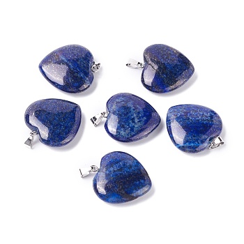 Natural Dyed Lapis Lazuli Pendants, Heart, with Platinum Tone Brass Findings, Heart, 27~28x24.5~26x6~8.5mm, Hole: 2.4x5.6mm