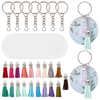 DIY Flat Round Blank Wood Keychain Making Kits, with Jump Ring and Tassel, Mixed Color, 49.5x3mm, Hole: 5mm