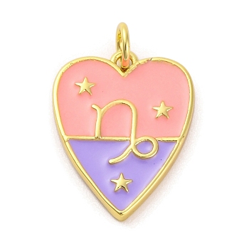 Brass Enamel Pendants, with Jump Ring, Real 14K Gold Plated, Heart with Twelve Constellations Charm, Capricorn, 19x14.5x2mm, Hole: 3mm