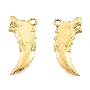 Ion Plating(IP) 201 Stainless Steel Pendants, Wolf, Real 18K Gold Plated, 30.5x14x3mm, Hole: 2.5mm