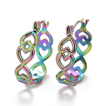 Ion Plating(IP) Rainbow Color Hollow Heart 304 Stainless Steel Hoop Earrings for Women, 21.5x20x6mm, Pin: 0.6mm