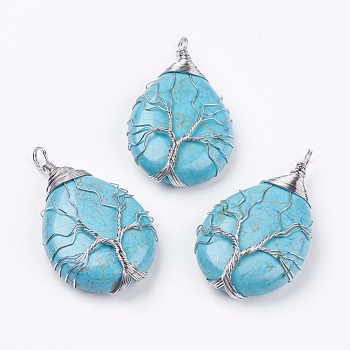 Synthetic Turquoise Big Pendants, teardrop, Brass Wire Wrapped Pendants, Platinum, 50~55x31x11mm, Hole: 5mm